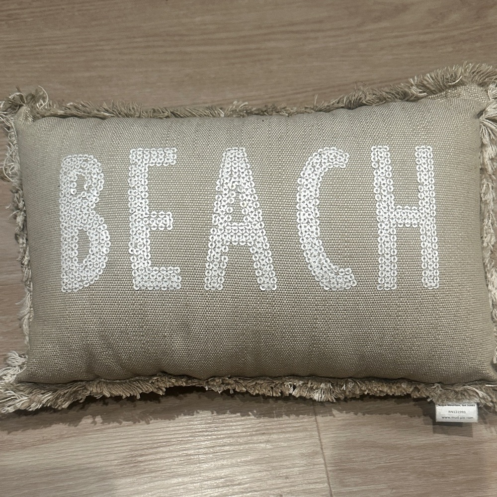 “Beach” Beige Linen Pillow with white sequins